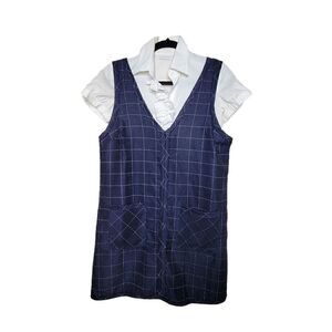 Pinstripe Plaid V-Neck Raw Hem Mini Pocket Detail Dress Navy Blue White Size Med